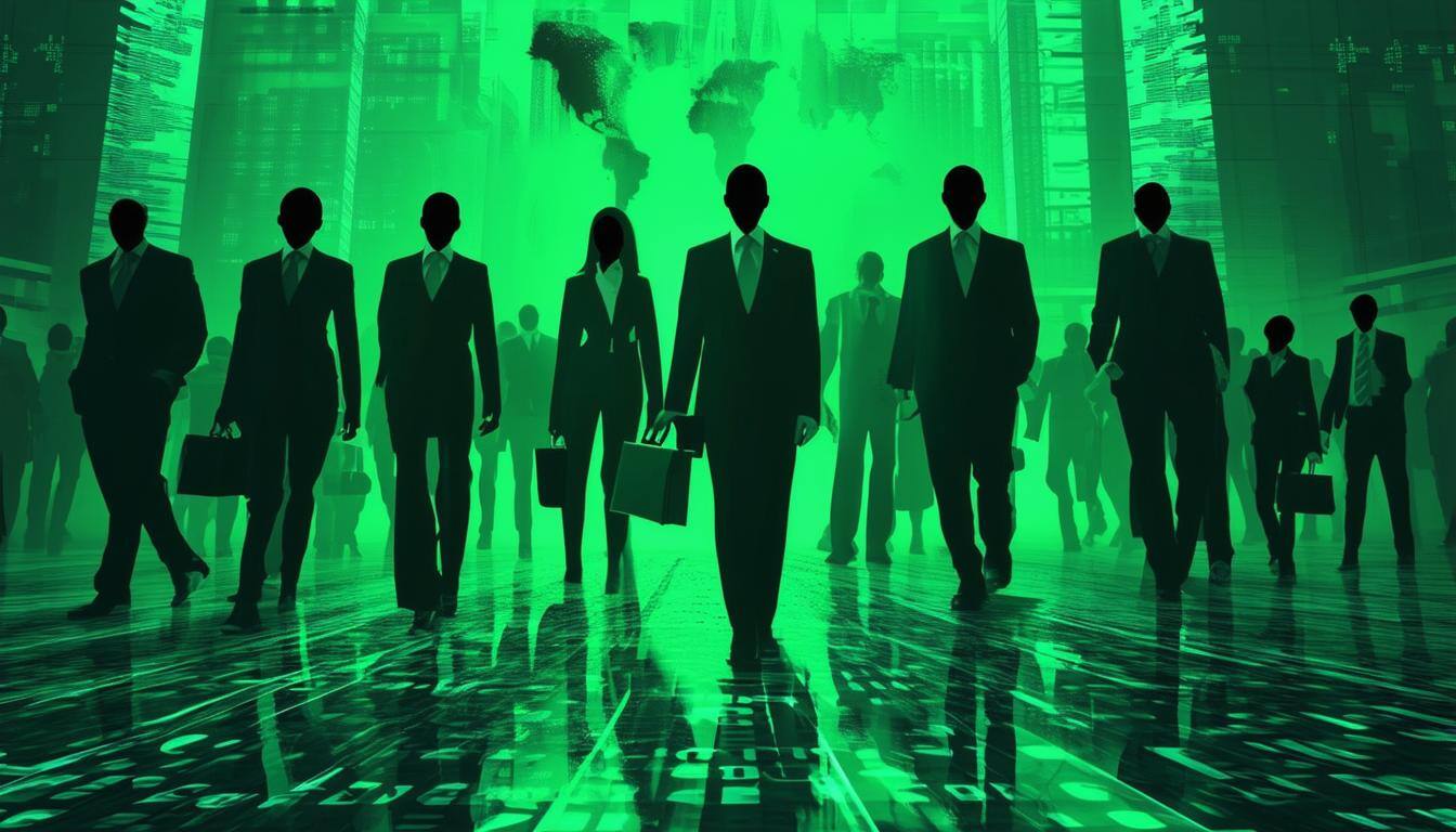 carbon corporate footprint with people in suits, dont include faces, green